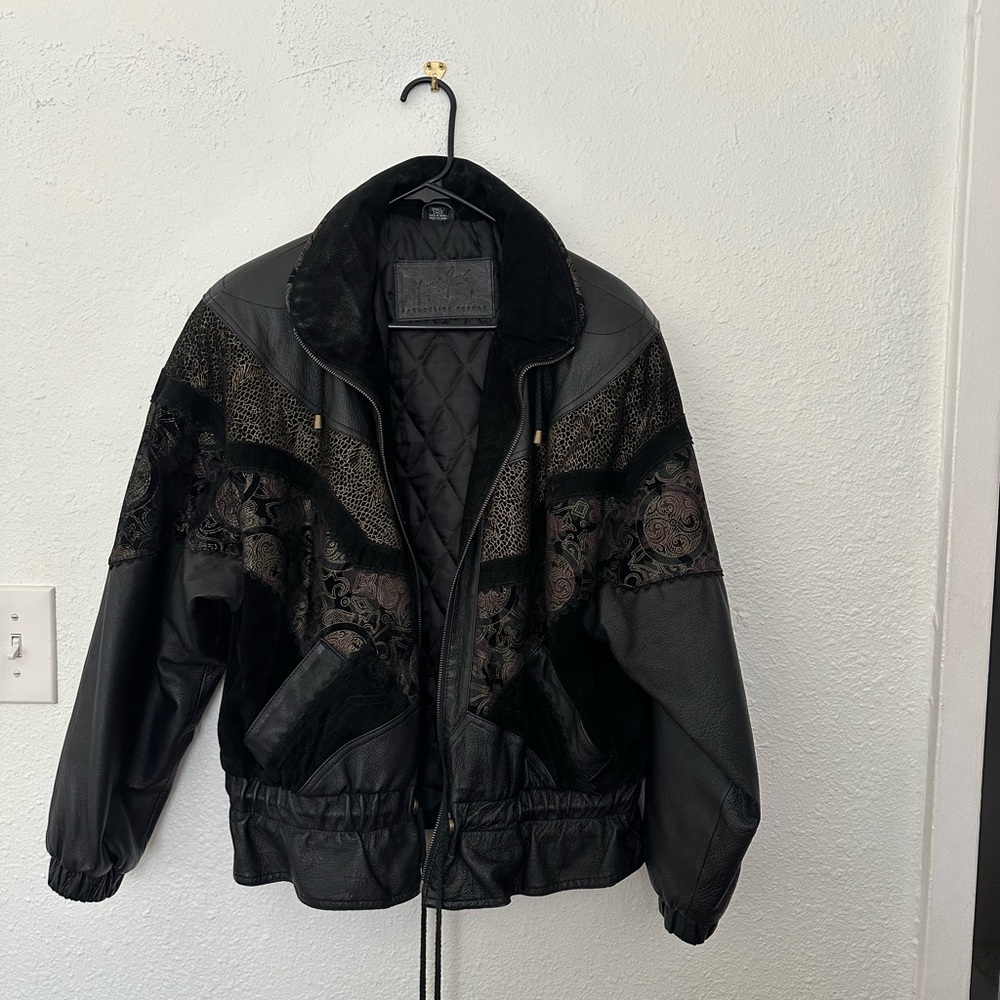 Vintage Black Leather Jacket with Embroidered Details